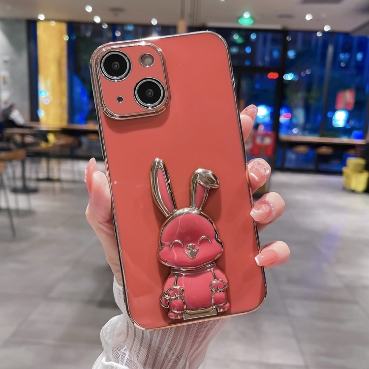 

For iPhone 15 Plating Rabbit Holder Phone Case(Red)