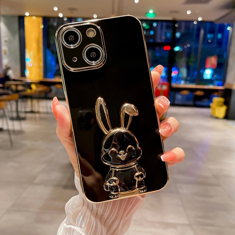 

For iPhone 15 Plating Rabbit Holder Phone Case(Black)