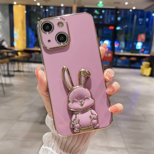 

For iPhone 15 Plus Plating Rabbit Holder Phone Case(Rose Red)