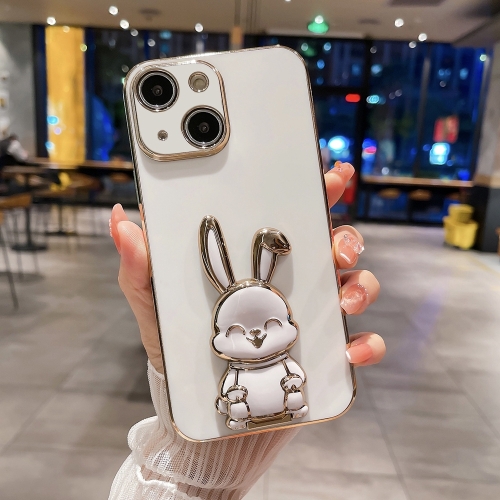 For iPhone 15 Plus Plating Rabbit Holder Phone Case(White) autumn new vest retro personality american vest western pioneer waistcoat side buttons design men s artisan sleeveless jacket