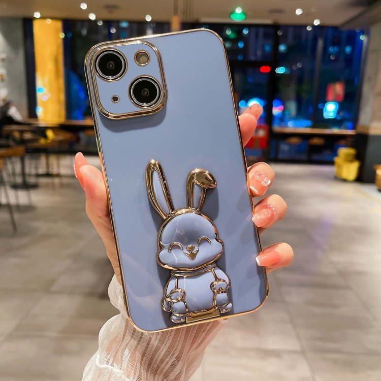 

For iPhone 15 Plus Plating Rabbit Holder Phone Case(Blue)