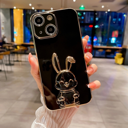 

For iPhone 15 Plus Plating Rabbit Holder Phone Case(Black)