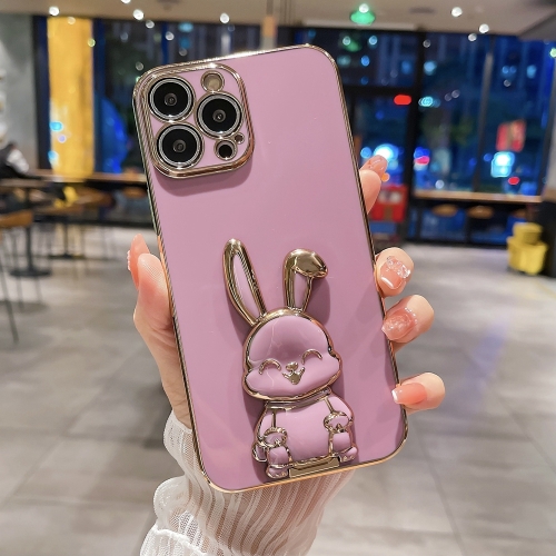 For iPhone 15 Pro Plating Rabbit Holder Phone Case(Rose Red) 6 1 inch silicone phone case full body protection shockproof cover case with soft anti scratch microfiber cloth lining replacement for iphone 12