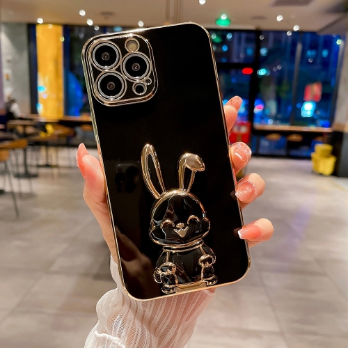 

For iPhone 15 Pro Plating Rabbit Holder Phone Case(Black)