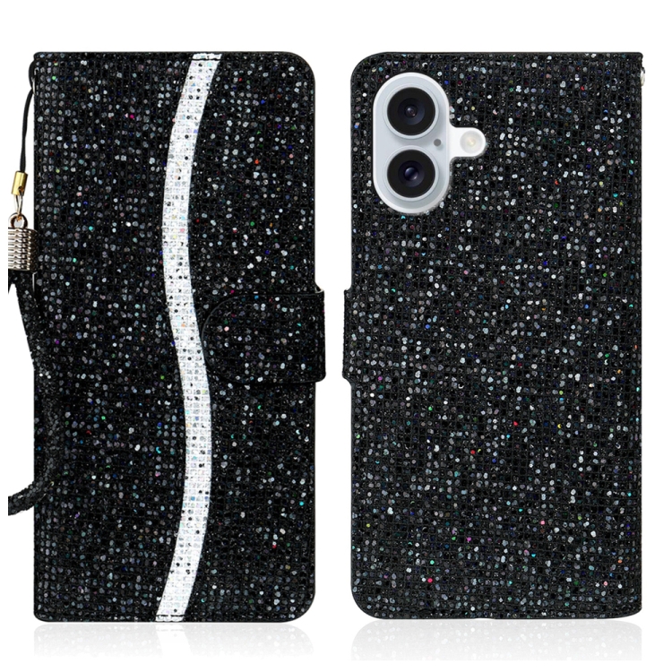 

For iPhone 16 Plus Glitter Powder Filp Leather Phone Case(Black)