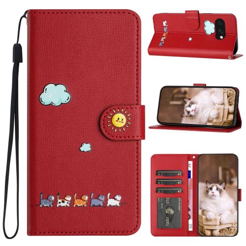 

For Google Pixel 9a Cartoon Cats Leather Phone Case(Red)