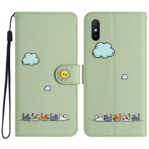 

For Xiaomi Redmi 9A Cartoon Cats Leather Phone Case(Green)