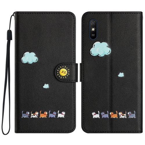 

For Xiaomi Redmi 9A Cartoon Cats Leather Phone Case(Black)