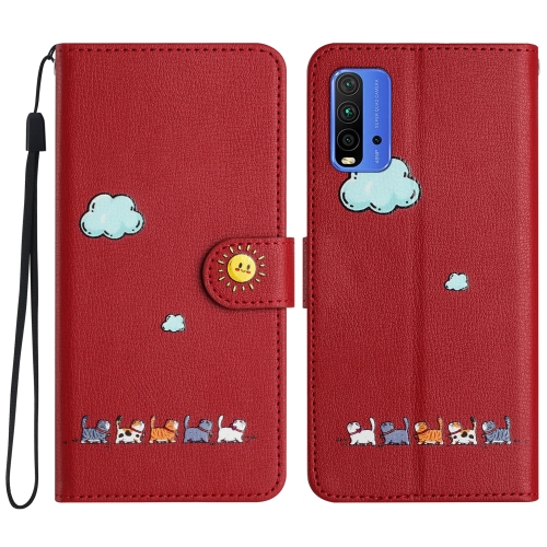 

For Xiaomi Redmi 9T Cartoon Cats Leather Phone Case(Red)