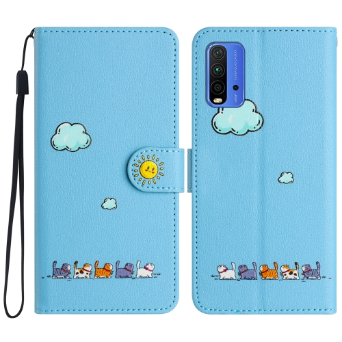 

For Xiaomi Redmi 9T Cartoon Cats Leather Phone Case(Blue)