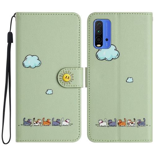 

For Xiaomi Redmi 9T Cartoon Cats Leather Phone Case(Green)