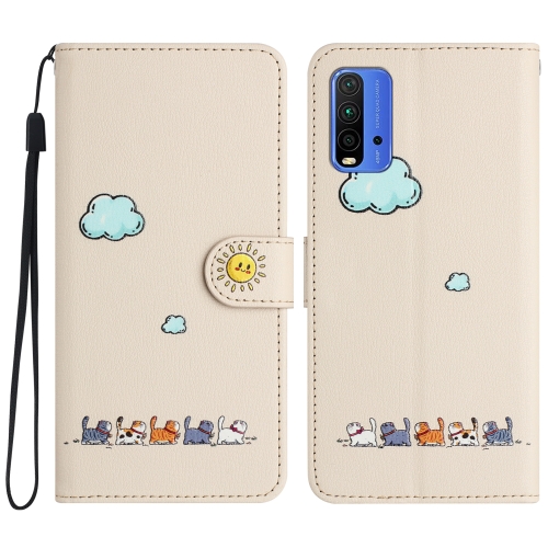 

For Xiaomi Redmi 9T Cartoon Cats Leather Phone Case(Beige White)