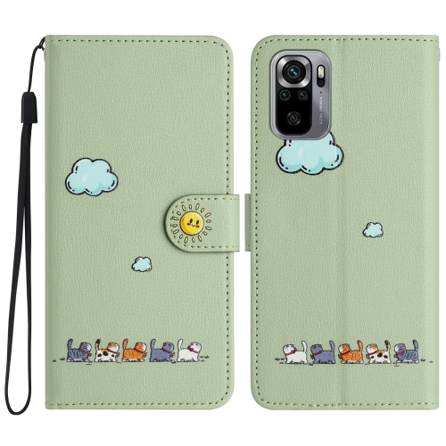 

For Xiaomi Redmi Note 10 4G Cartoon Cats Leather Phone Case(Green)