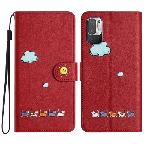 

For Xiaomi Redmi Note 10 JE Cartoon Cats Leather Phone Case(Red)