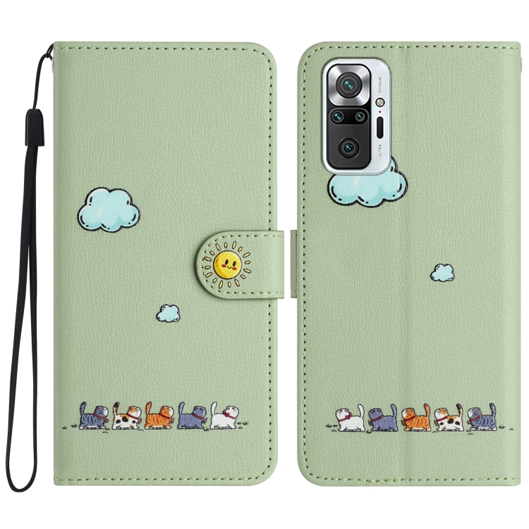 

For Xiaomi Redmi Note 10 Pro 4G Cartoon Cats Leather Phone Case(Green)