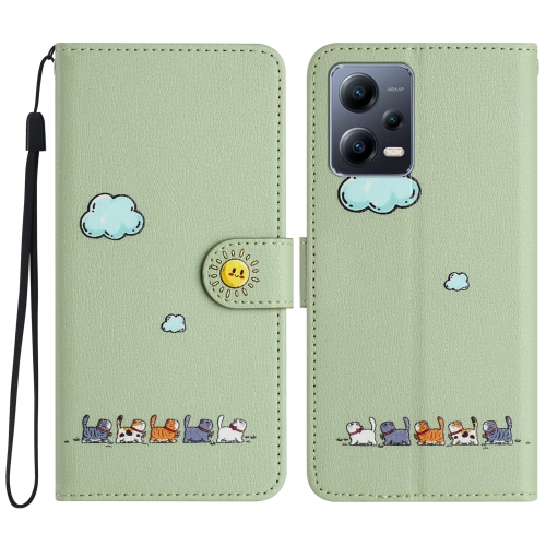 

For Xiaomi Redmi Note 12 5G Global Cartoon Cats Leather Phone Case(Green)