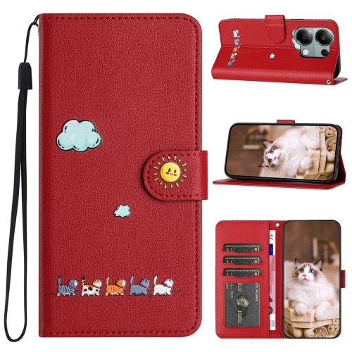 

For Xiaomi Redmi Note 13 Pro 4G Cartoon Cats Leather Phone Case(Red)