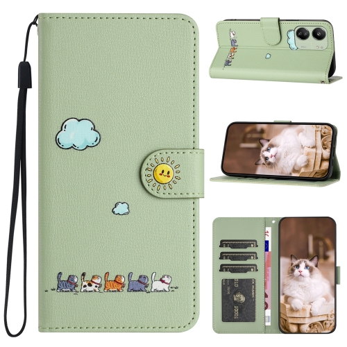 

For Xiaomi Redmi 13C 4G / 5G Cartoon Cats Leather Phone Case(Green)