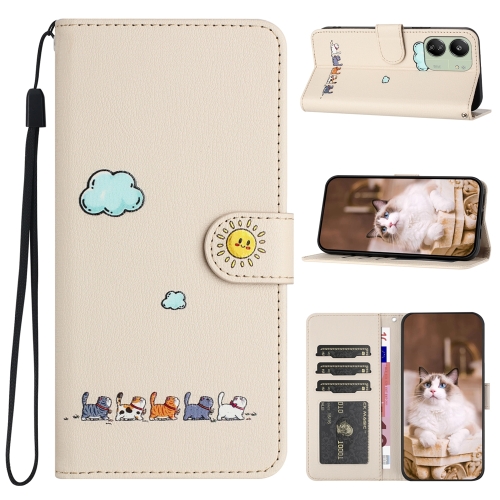 

For Xiaomi Redmi 13C 4G / 5G Cartoon Cats Leather Phone Case(Beige White)