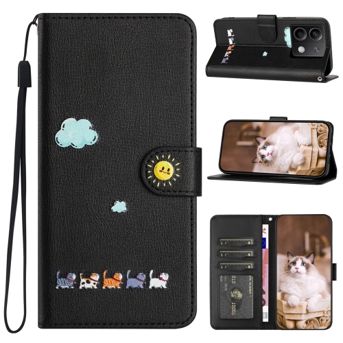 

For Xiaomi Redmi Note 13 5G Cartoon Cats Leather Phone Case(Black)