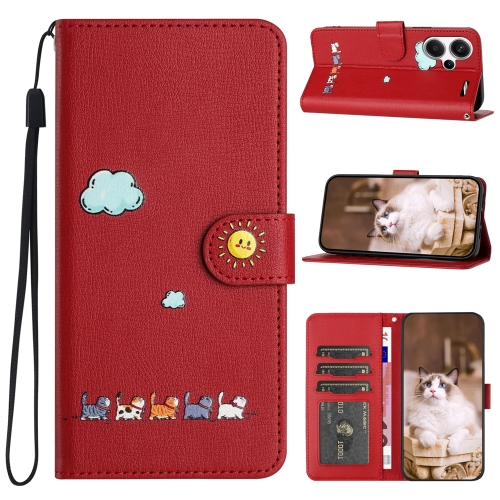 

For Xiaomi Redmi Note 13 Pro+ Cartoon Cats Leather Phone Case(Red)