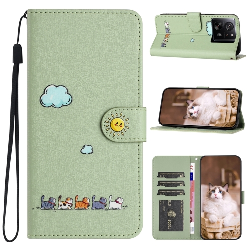 

For Xiaomi 13T Cartoon Cats Leather Phone Case(Green)