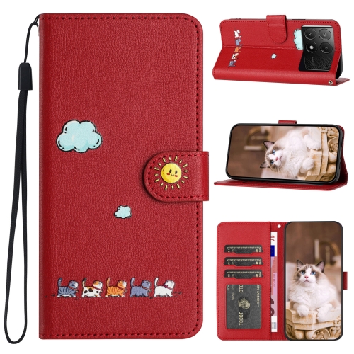 

For Xiaomi Poco X6 Pro Cartoon Cats Leather Phone Case(Red)