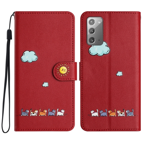 

For Samsung Galaxy Note20 Cartoon Cats Leather Phone Case(Red)