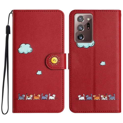 

For Samsung Galaxy Note20 Ultra Cartoon Cats Leather Phone Case(Red)