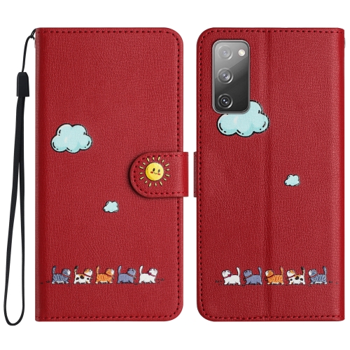 

For Samsung Galaxy S20 FE Cartoon Cats Leather Phone Case(Red)