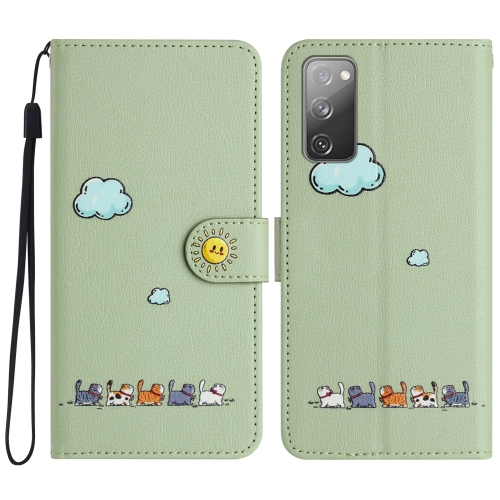 

For Samsung Galaxy S20 FE Cartoon Cats Leather Phone Case(Green)