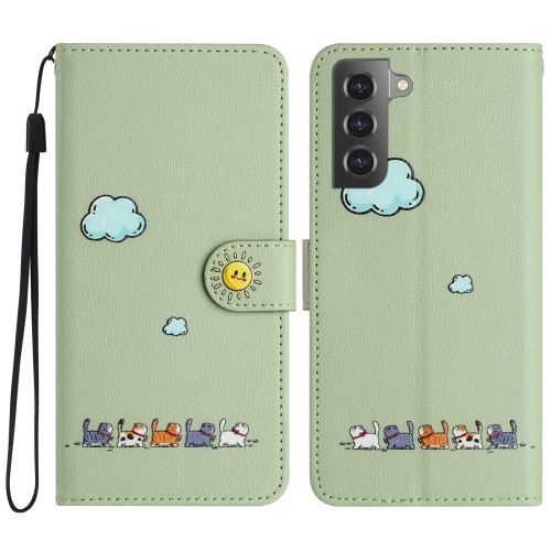 

For Samsung Galaxy S21 5G Cartoon Cats Leather Phone Case(Green)