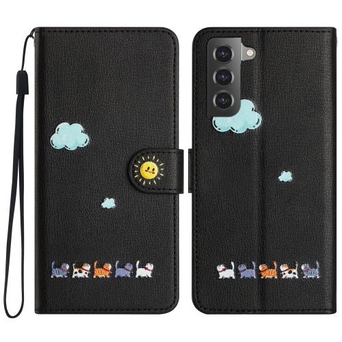 

For Samsung Galaxy S21 5G Cartoon Cats Leather Phone Case(Black)