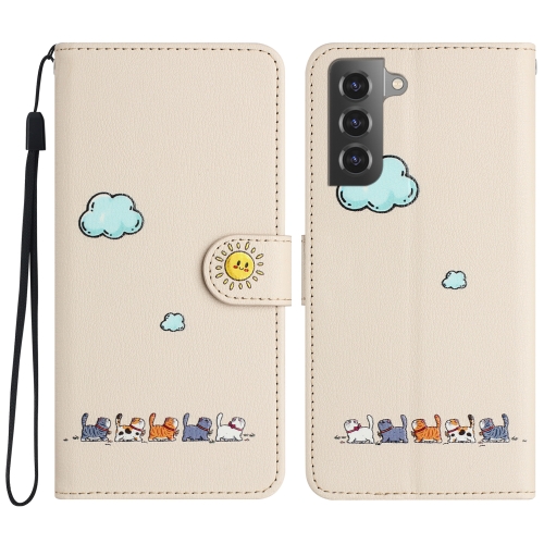 

For Samsung Galaxy S21 5G Cartoon Cats Leather Phone Case(Beige White)