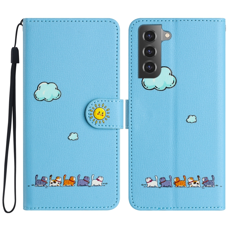 

For Samsung Galaxy S21+ 5G Cartoon Cats Leather Phone Case(Blue)