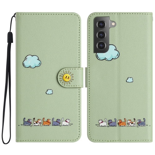 

For Samsung Galaxy S21+ 5G Cartoon Cats Leather Phone Case(Green)