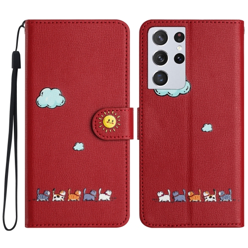 

For Samsung Galaxy S21 Ultra 5G Cartoon Cats Leather Phone Case(Red)