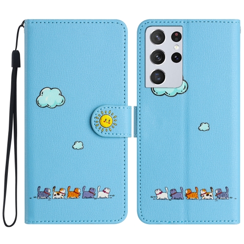 

For Samsung Galaxy S21 Ultra 5G Cartoon Cats Leather Phone Case(Blue)