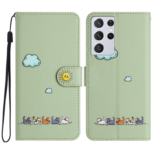 

For Samsung Galaxy S21 Ultra 5G Cartoon Cats Leather Phone Case(Green)