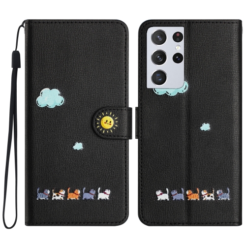 

For Samsung Galaxy S21 Ultra 5G Cartoon Cats Leather Phone Case(Black)