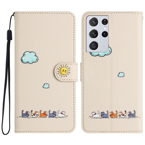 

For Samsung Galaxy S21 Ultra 5G Cartoon Cats Leather Phone Case(Beige White)