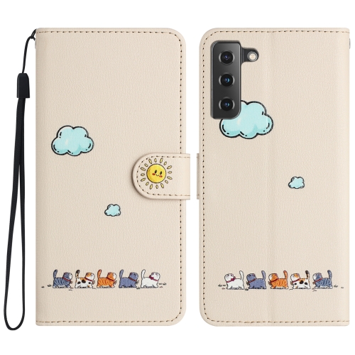 

For Samsung Galaxy S22 5G Cartoon Cats Leather Phone Case(Beige White)