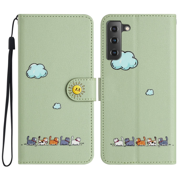 

For Samsung Galaxy S22+ 5G Cartoon Cats Leather Phone Case(Green)