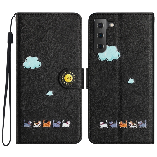 

For Samsung Galaxy S22+ 5G Cartoon Cats Leather Phone Case(Black)
