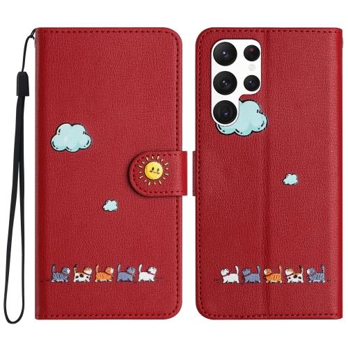

For Samsung Galaxy S22 Ultra 5G Cartoon Cats Leather Phone Case(Red)