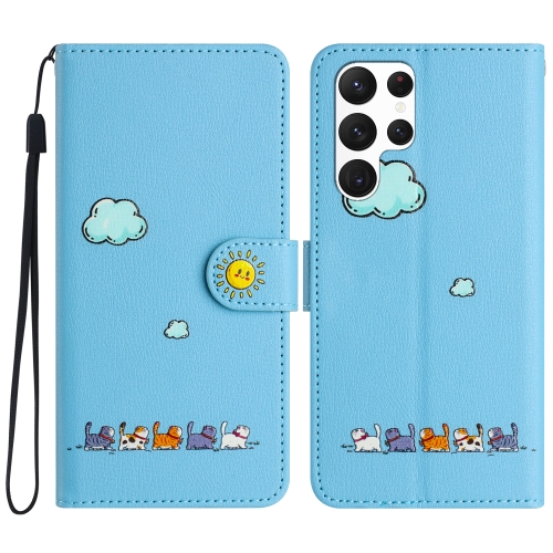 

For Samsung Galaxy S22 Ultra 5G Cartoon Cats Leather Phone Case(Blue)