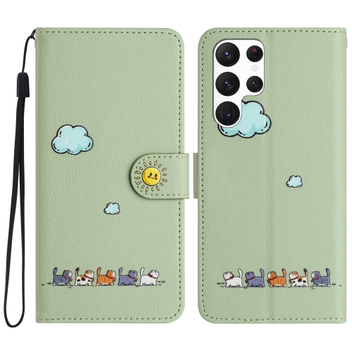 

For Samsung Galaxy S22 Ultra 5G Cartoon Cats Leather Phone Case(Green)