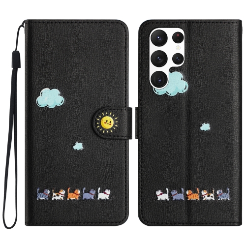 

For Samsung Galaxy S22 Ultra 5G Cartoon Cats Leather Phone Case(Black)
