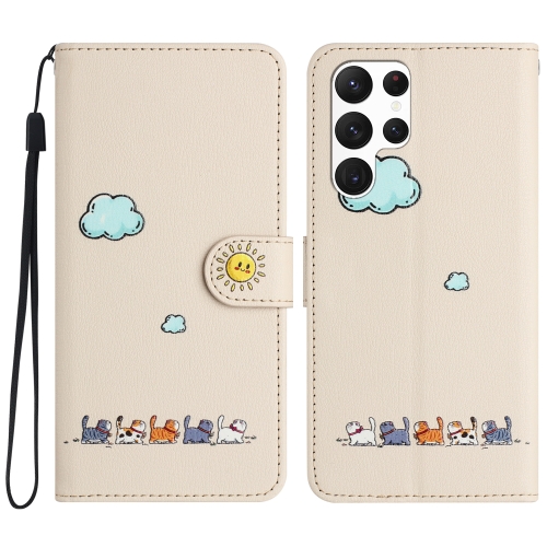 

For Samsung Galaxy S22 Ultra 5G Cartoon Cats Leather Phone Case(Beige White)