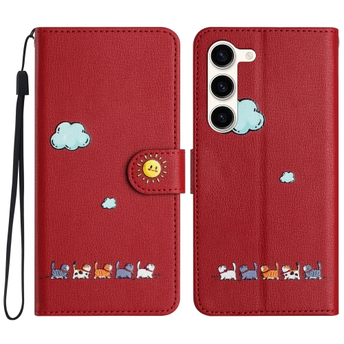 

For Samsung Galaxy S23 5G Cartoon Cats Leather Phone Case(Red)